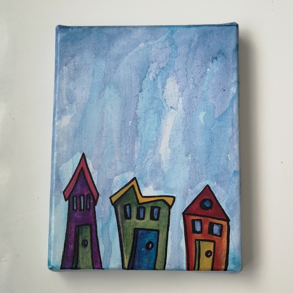 Whimsical and Colorful Abstract Houses Art Canvas Signed By Artist Kym Brundritt